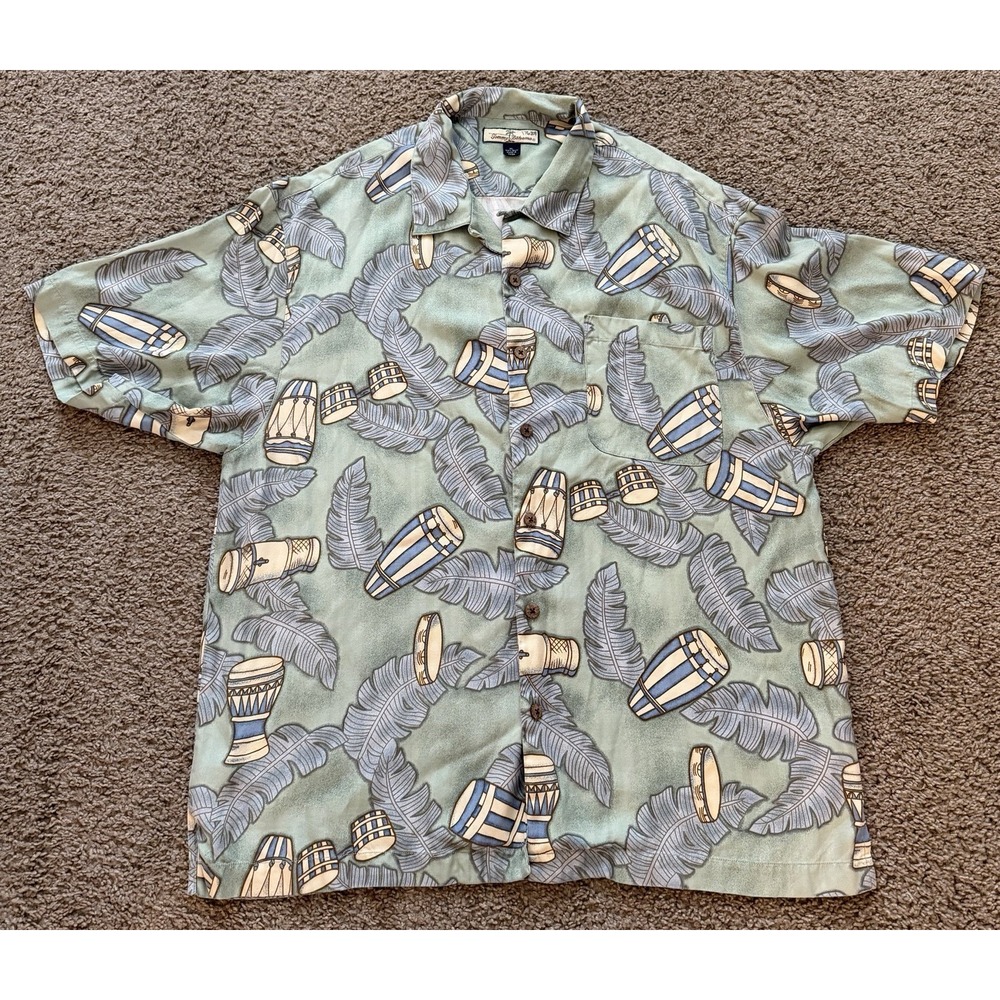 Tommy Bahama Mens Button Up Shirt 100% Silk Palm Bongo Drum Print Size XL
